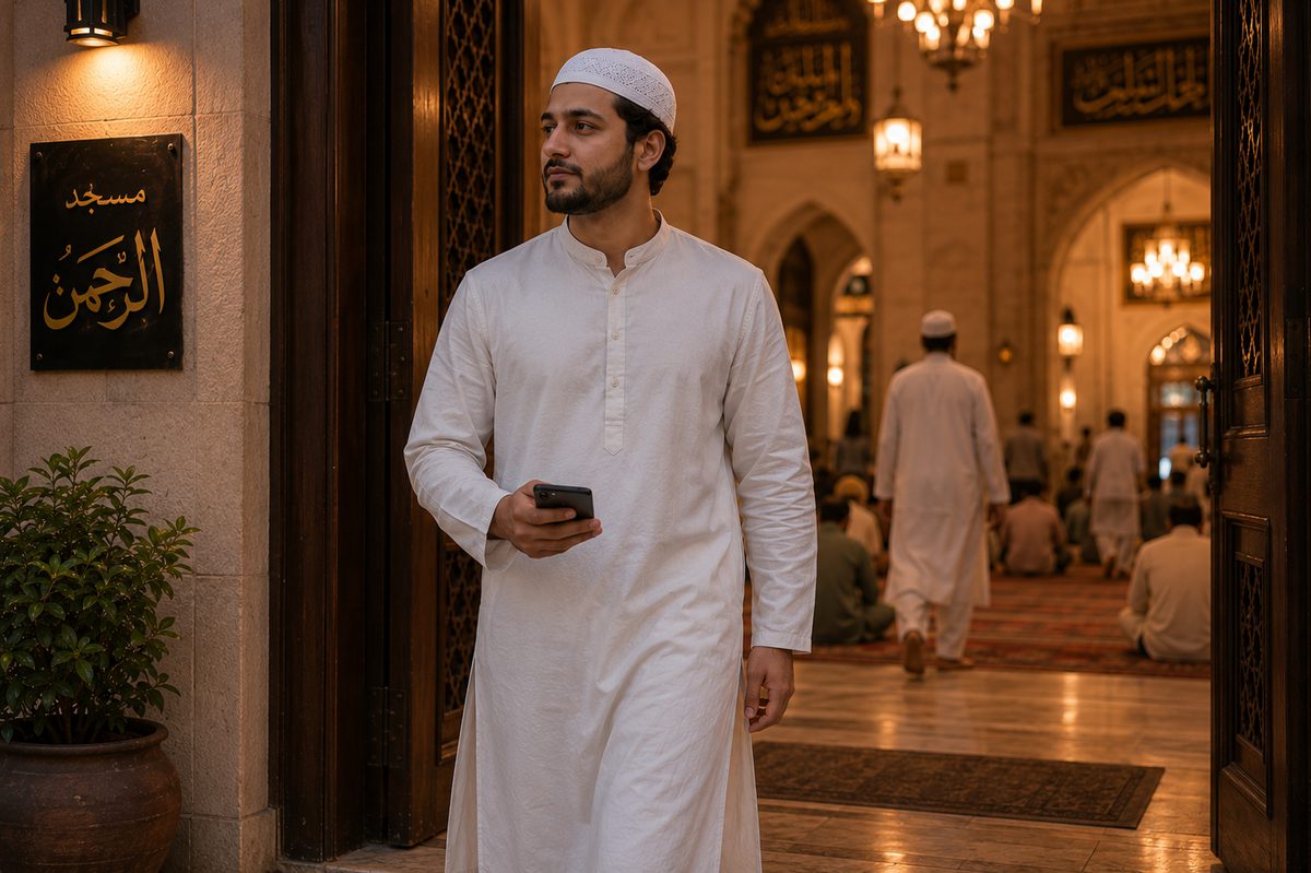 A young man leaving the masjid after prayer, phone in hand