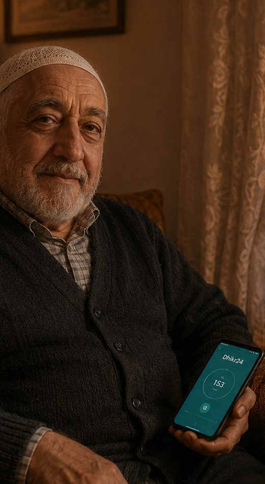 An elderly man at home holding his phone, counting dhikr on Dhikr24