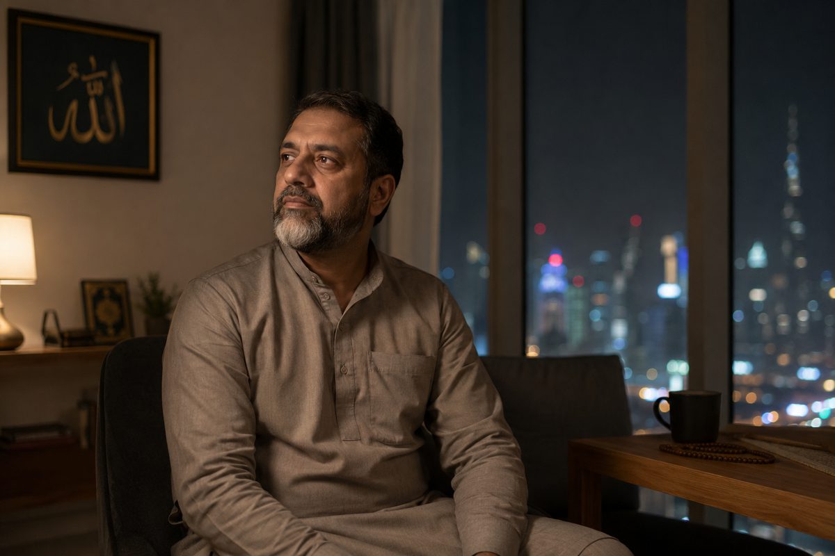 A man sitting quietly at home in the evening, his mushaf and tasbih beside him
